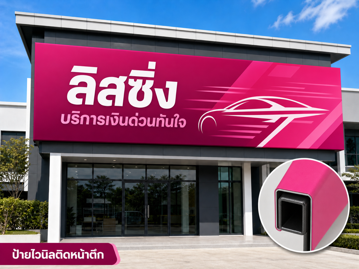 ป้ายไวนิลหน้าอาคารสำนักงาน