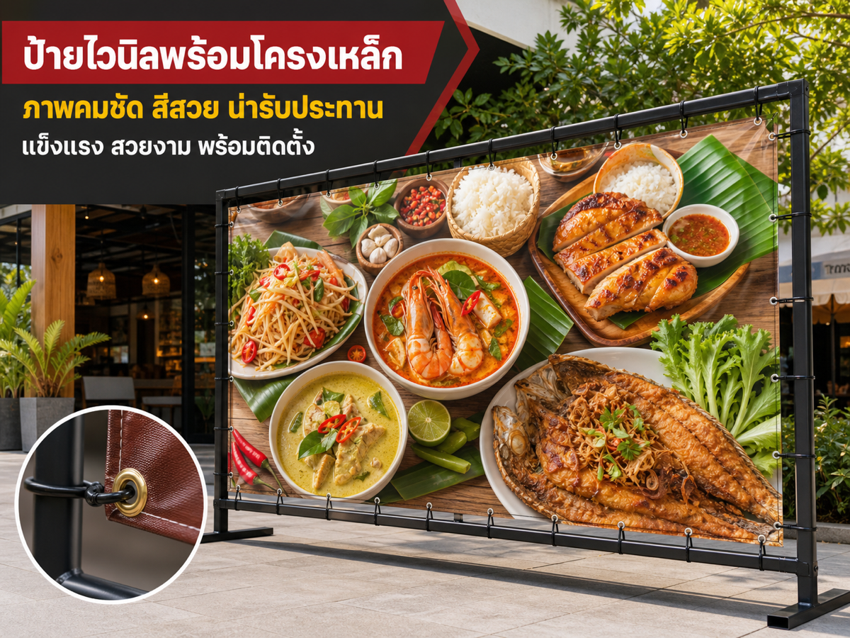ป้ายไวนิลติดโครงเหล็ก